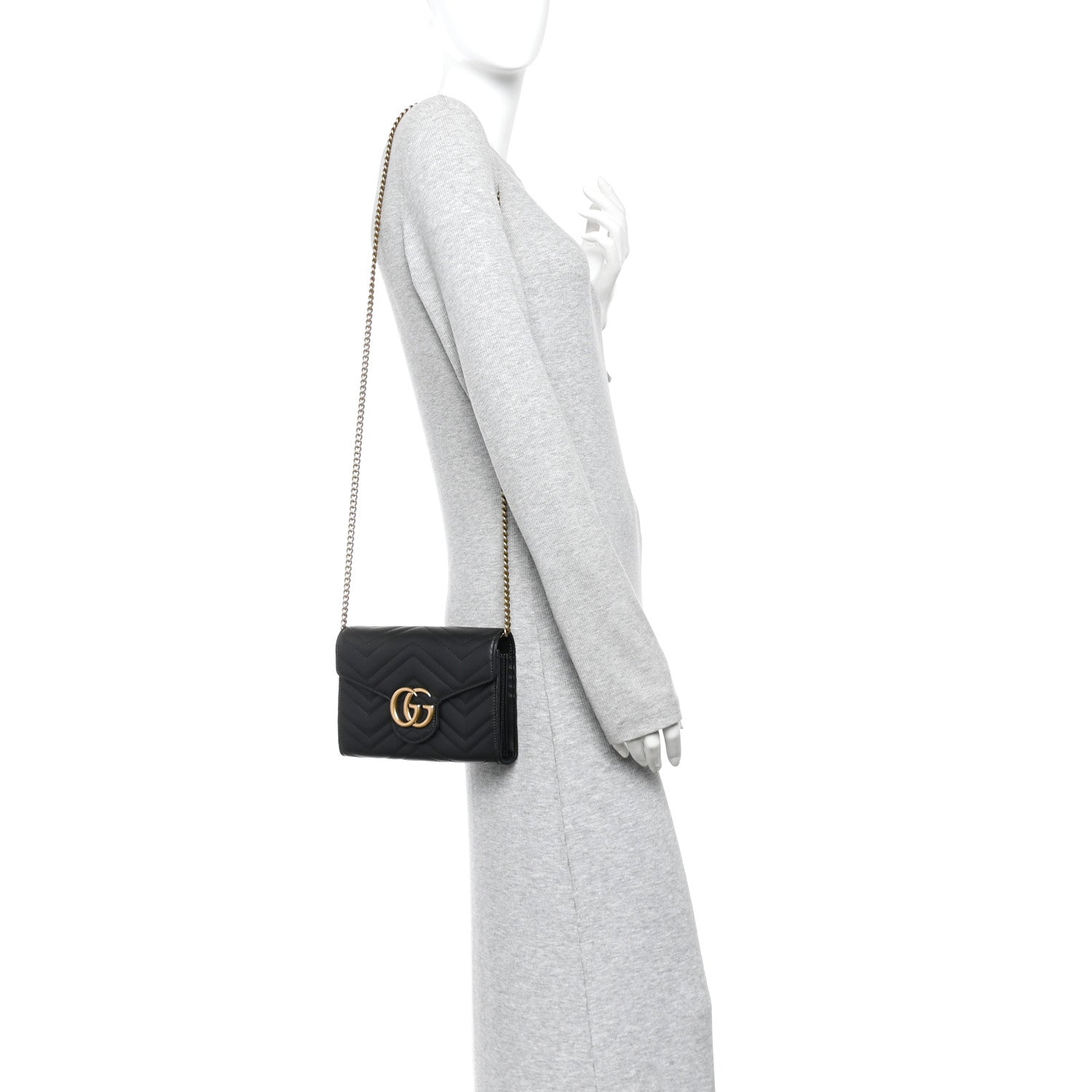 Gucci Calfskin Matelasse GG Marmont Chain Wallet Black 2 of 11