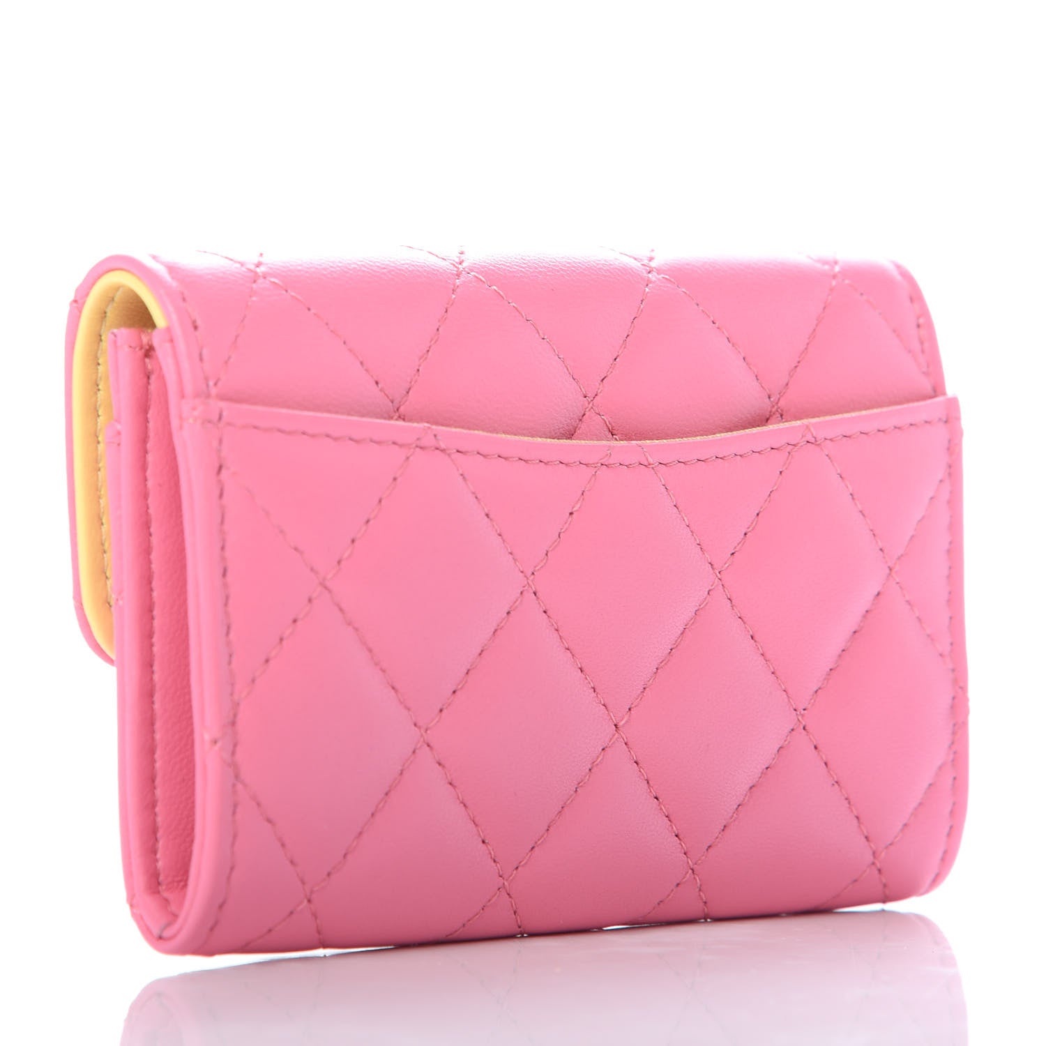 Chanel Lambskin Quilted Flap Card Holder Wallet Pink Yellow 3 of 10