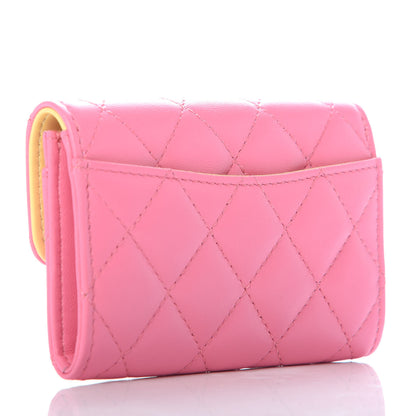 Chanel Lambskin Quilted Flap Card Holder Wallet Pink Yellow 3 of 10