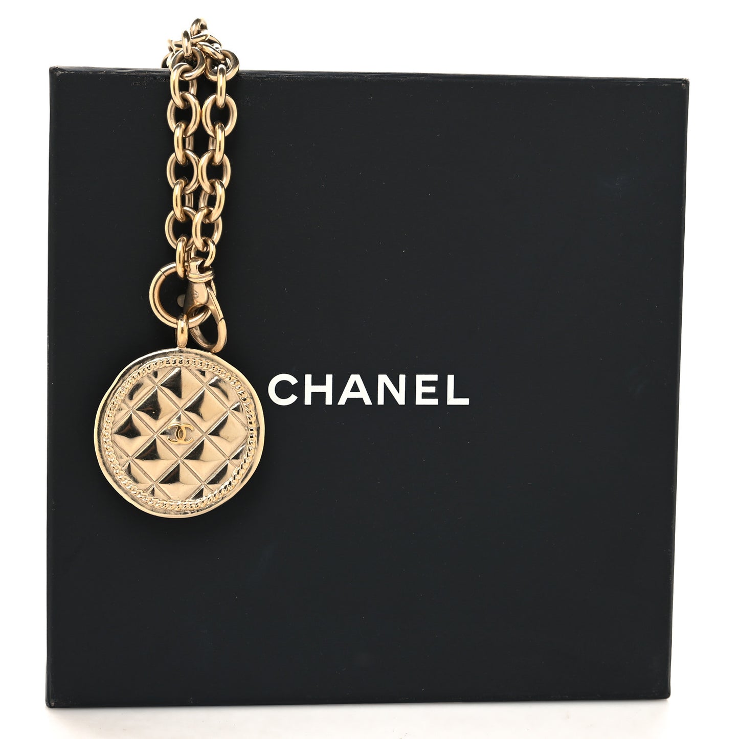 Quilted CC Pendant Chain Necklace Light Gold