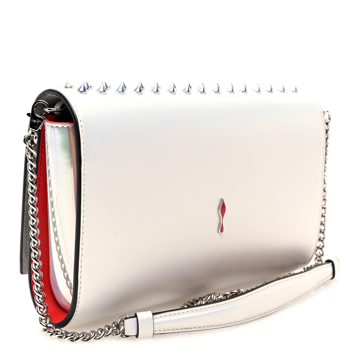 Metallic Calfskin Spikes Paloma Clutch Snow Silver