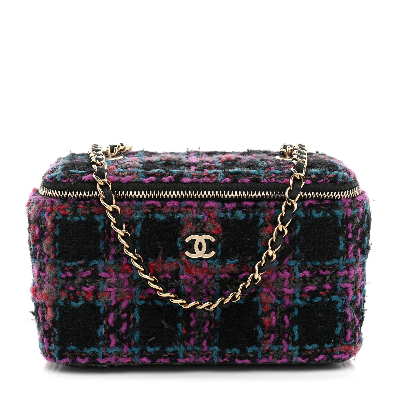 Chanel Tweed Quilted Small Vanity Case With Chain Black Purple Green Red 1 of 11