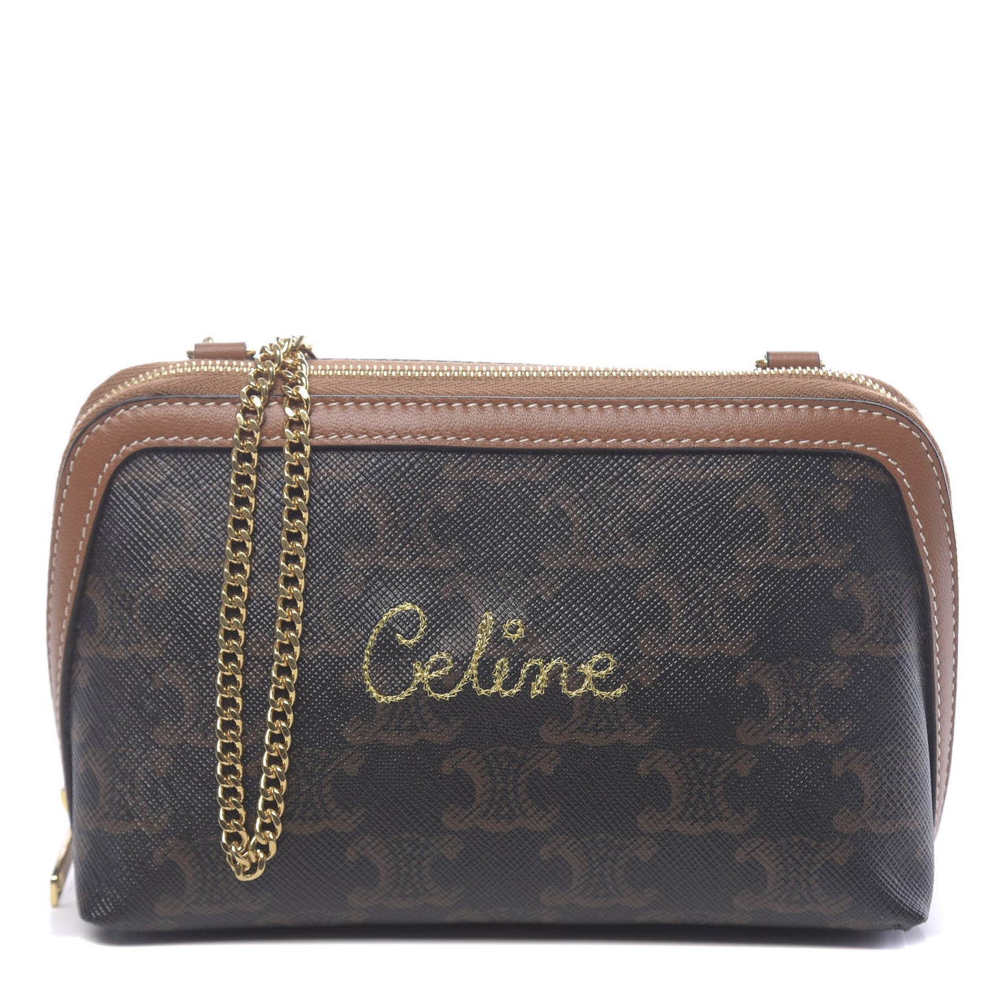 Lambskin Triomphe Canvas Embroidered Logo Clutch With Chain Tan