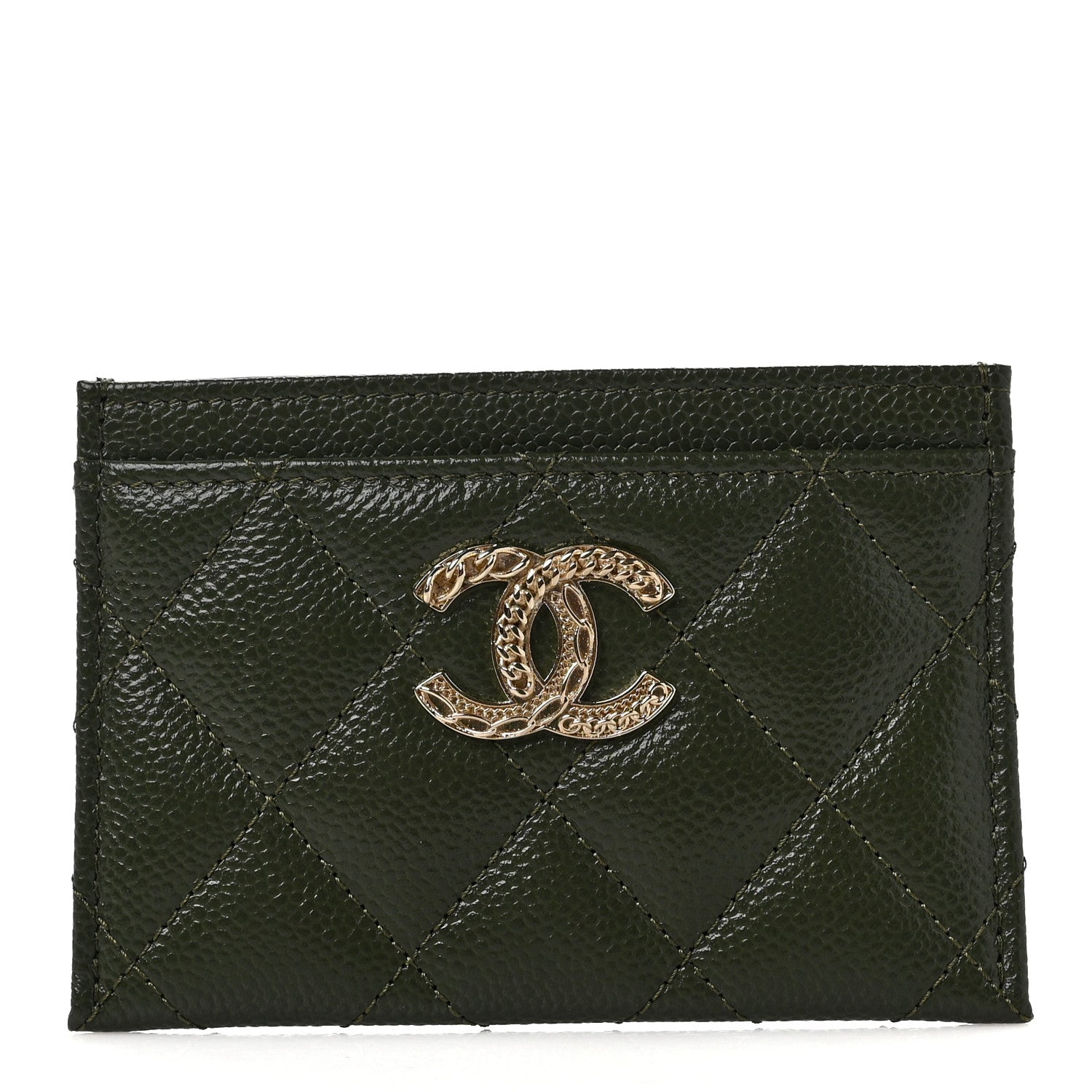 Chanel Caviar Quilted Chain CC Card Holder Khaki 1 of 8