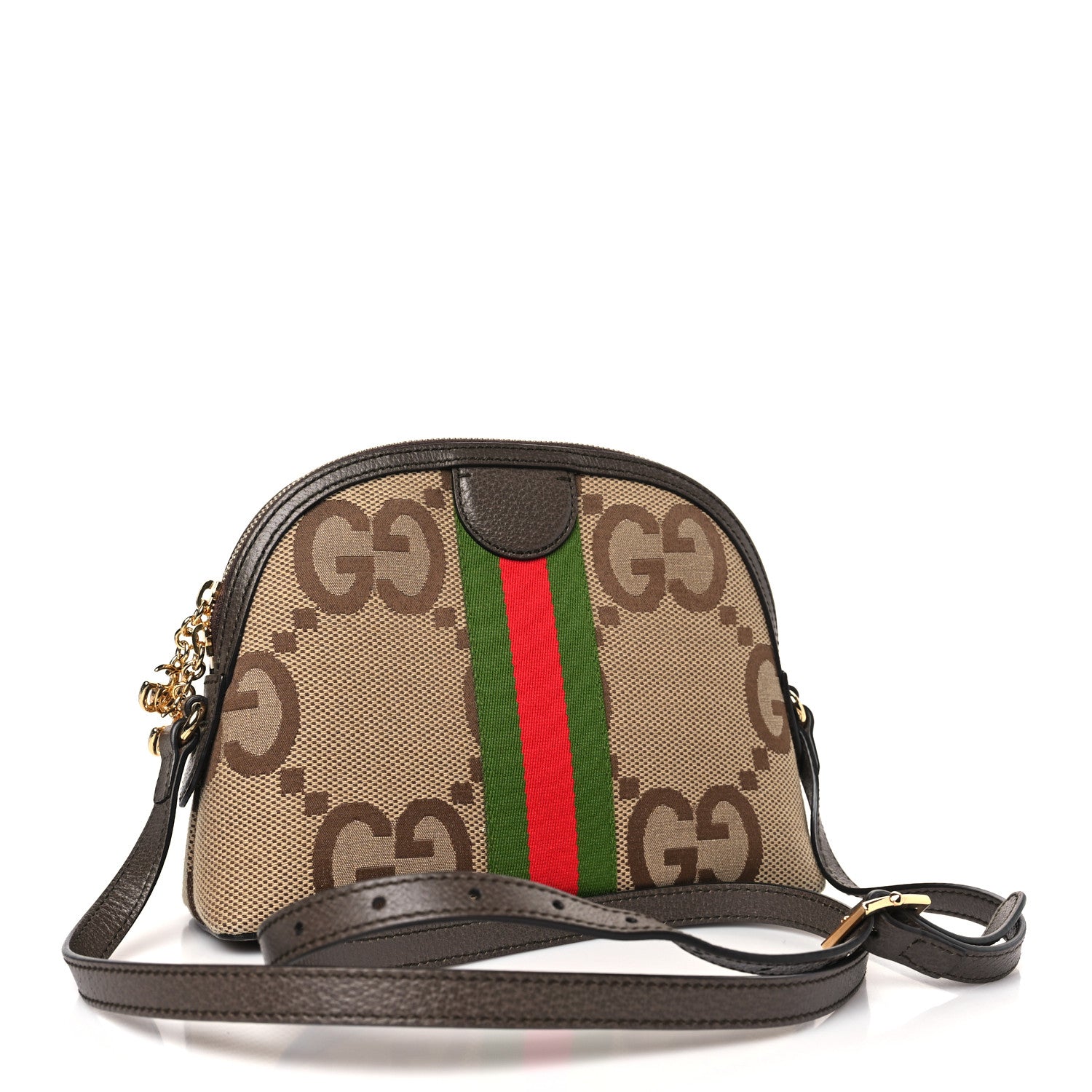Gucci Monogram Jumbo GG Textured Dollar Calfskin Web Small Ophidia Dome Shoulder Bag Camel Ebony New Acero 3 of 9