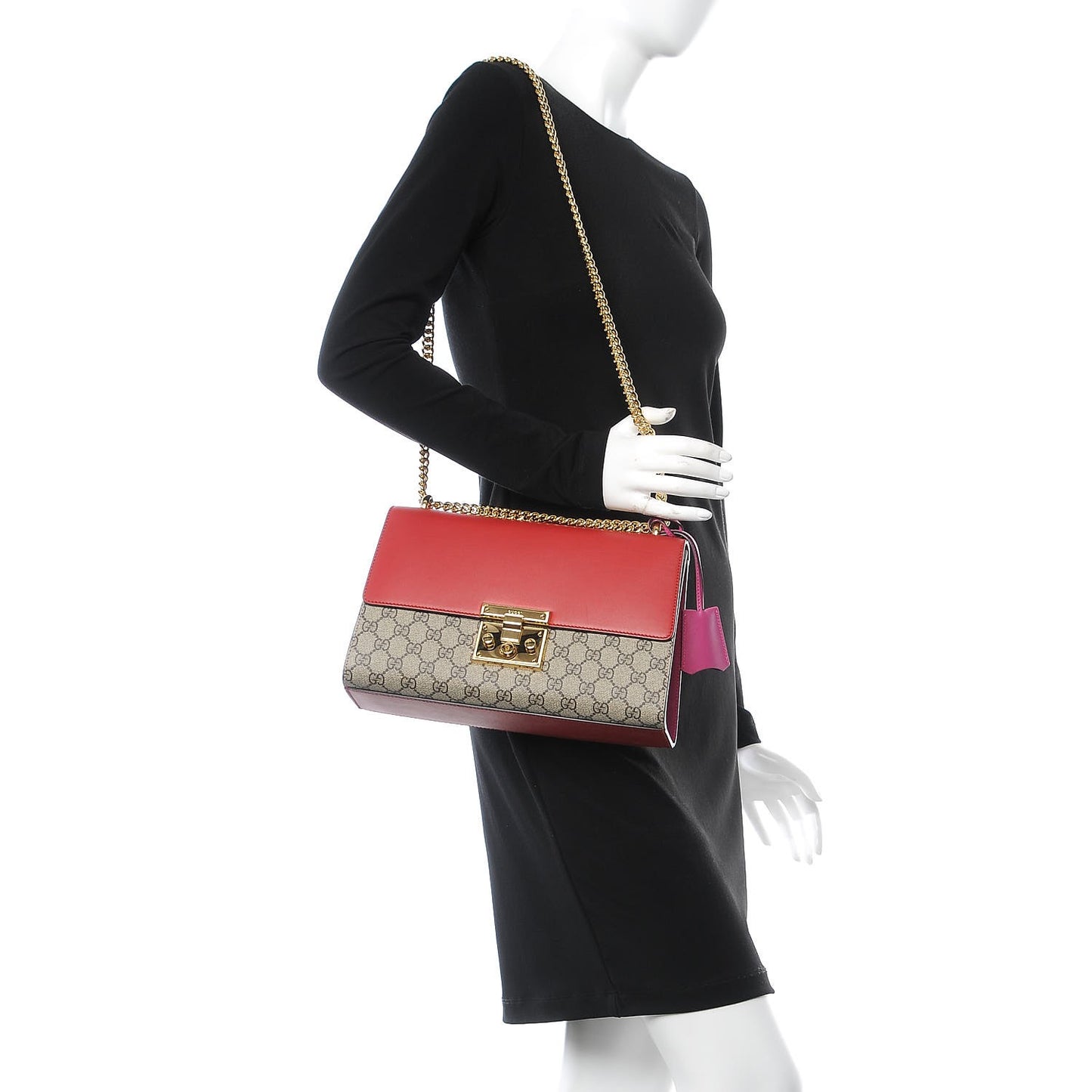 GG Supreme Monogram Calfskin Medium Padlock Shoulder Bag Beige Hibiscus Red New Rosette