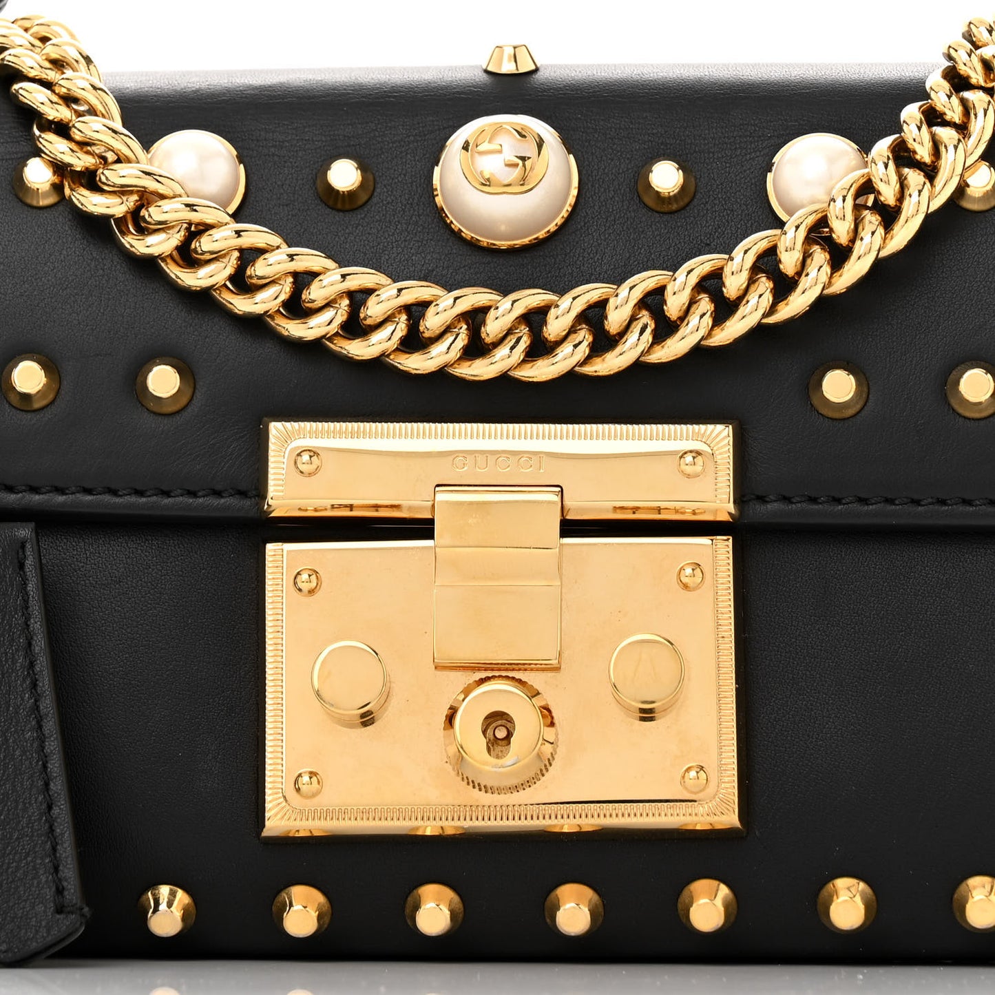 Calfskin Studded Small Padlock Shoulder Bag Black