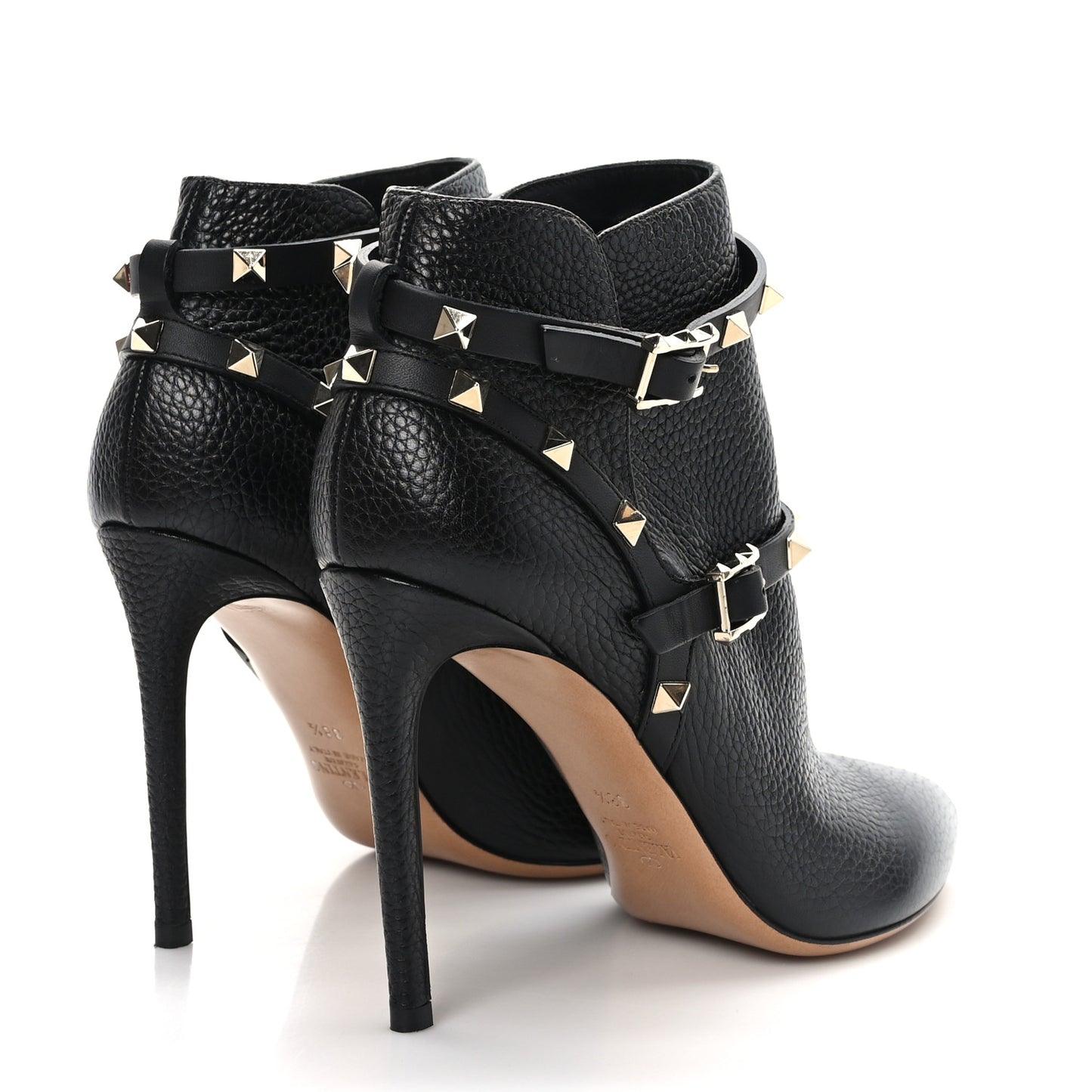 Grained Calfskin Rockstud Double Buckle 100mm Ankle Boots 38.5 Black