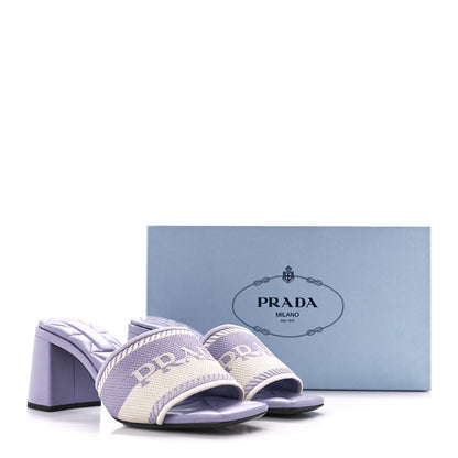 Prada Fabric Logo Embroidered 65mm Block Heel Slide Sandals 37.5 Glicine Talco 8 of 8