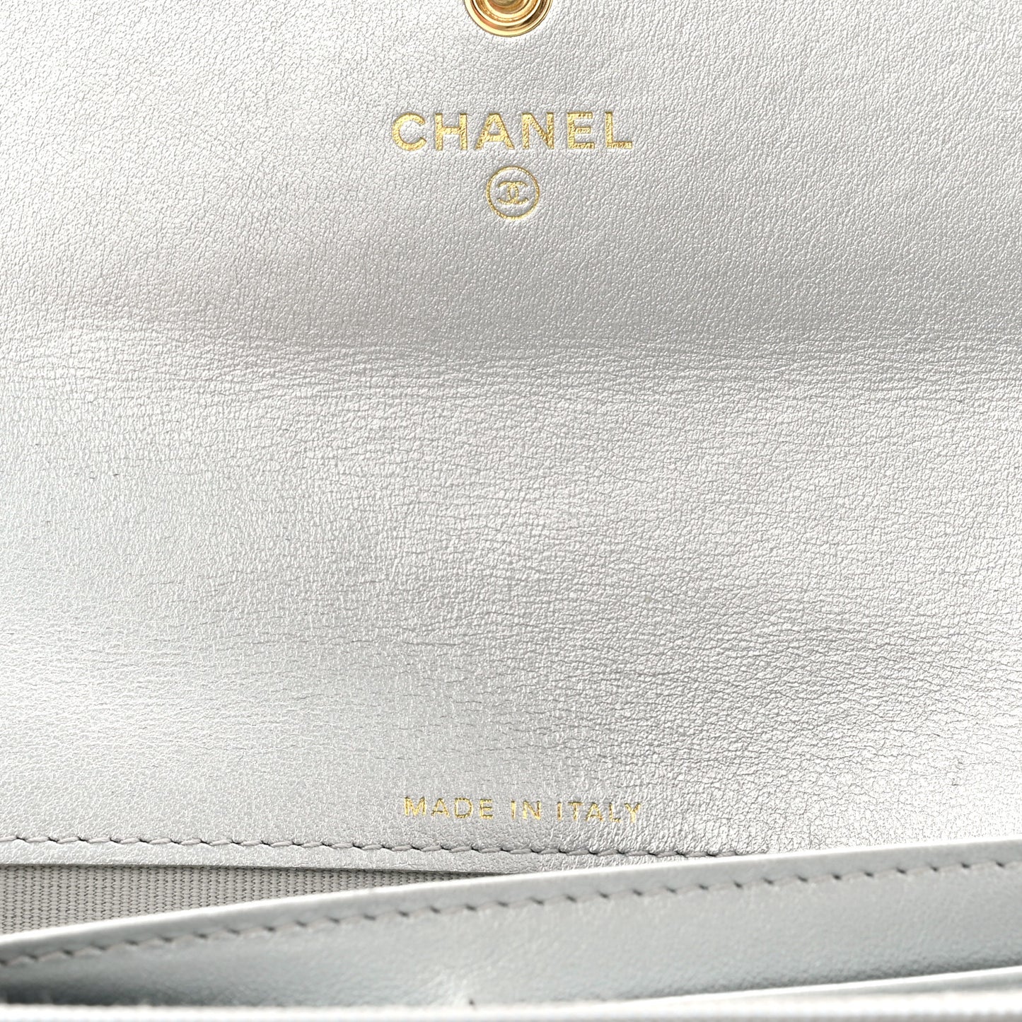 Metallic Lambskin Quilted Chanel 19 Flap Wallet Silver