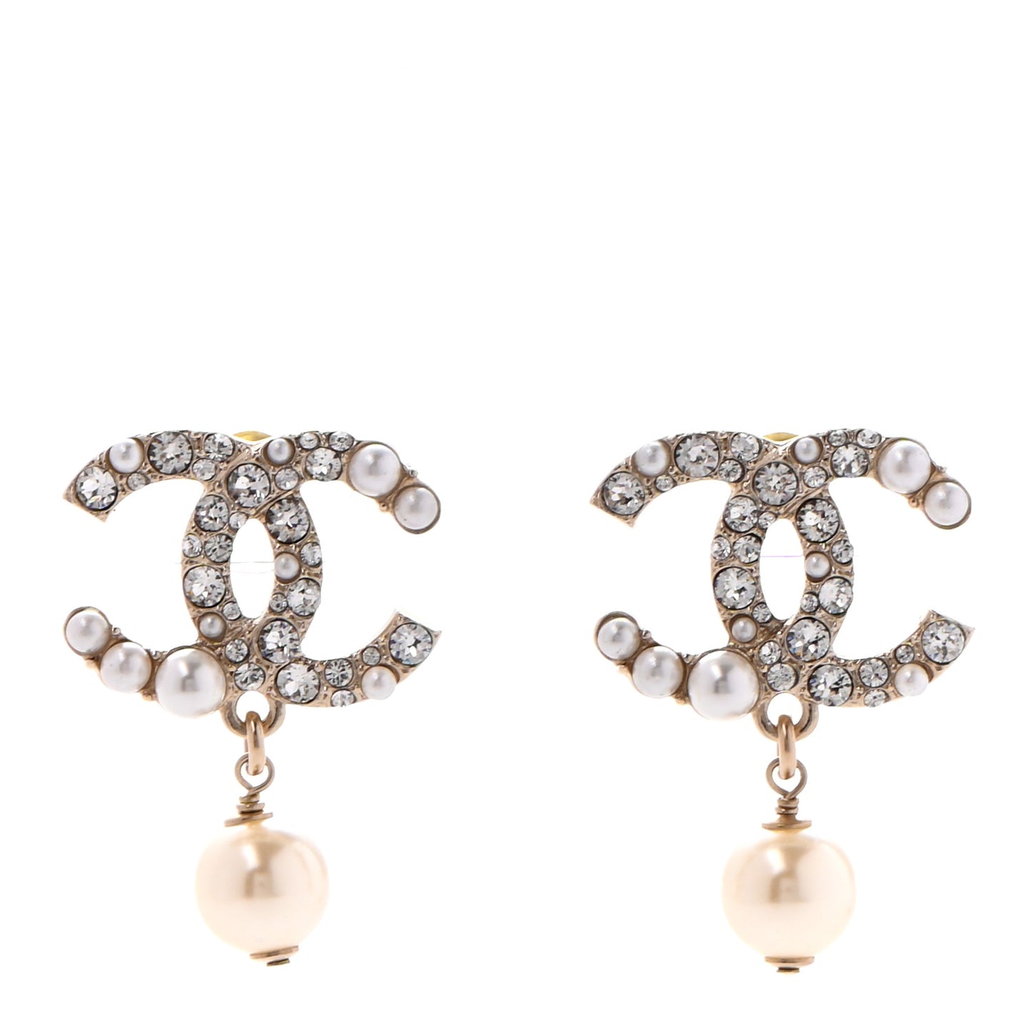 Crystal Pearl CC Drop Earrings Gold