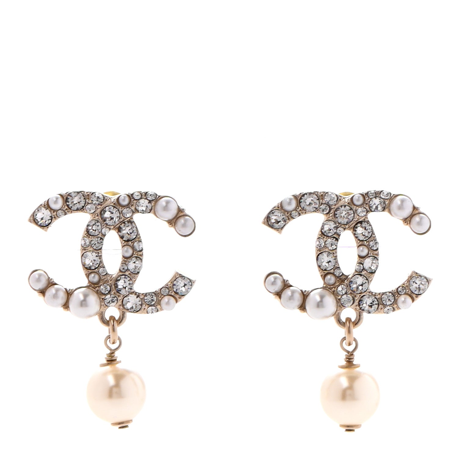 Chanel Crystal Pearl CC Drop Earrings Gold 1 of 4