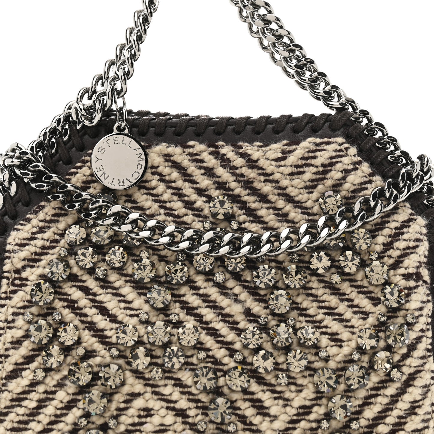 Crystal Embroidered Jacquard Tiny Falabella Tote Chocolate Cream