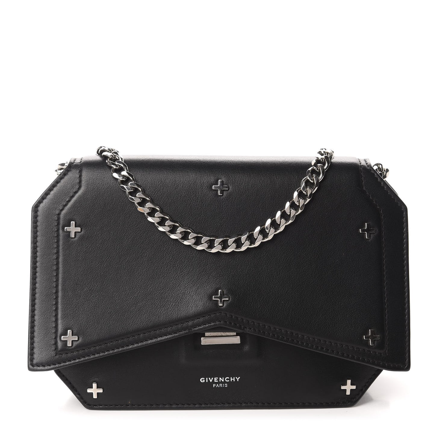 Calfskin Cross Embellished Bow Cut Chain Bag Black