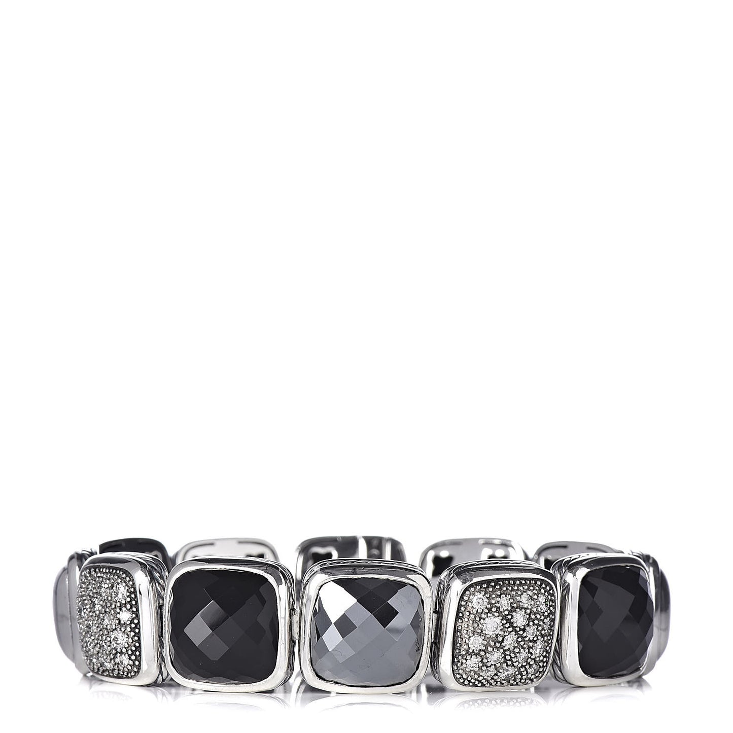 Sterling Silver Diamond Hematite Black Onyx Chiclet One Row Bracelet