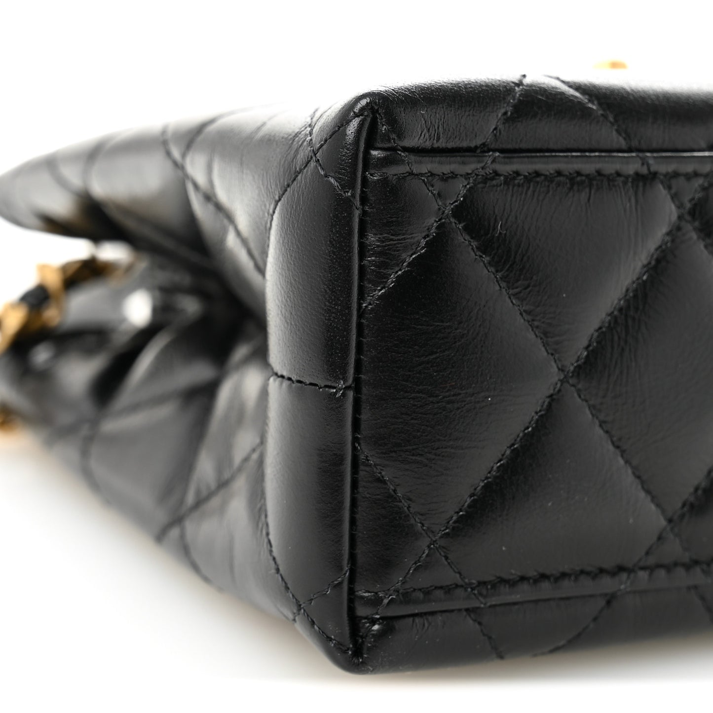 Shiny Aged Calfskin Quilted Nano Kelly Shopper Black