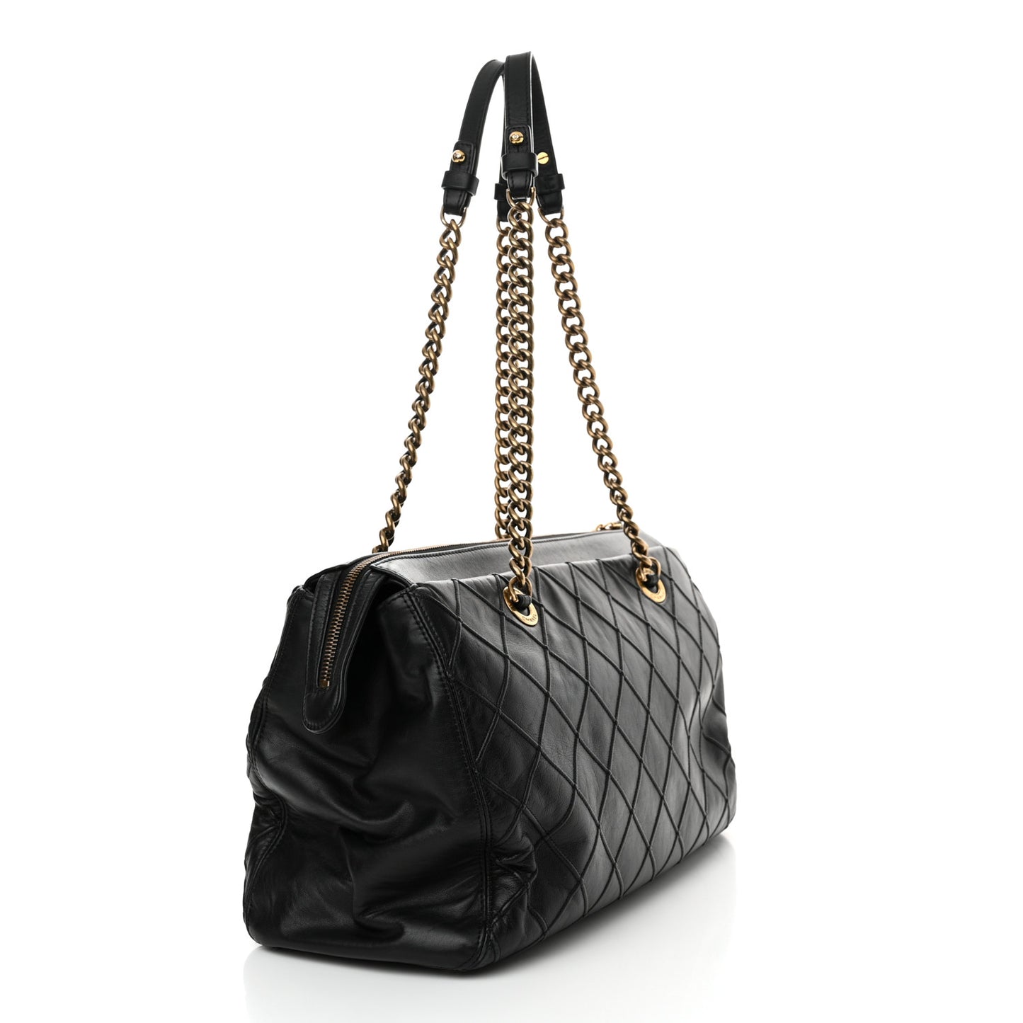 Calfskin Diamond Debossed Large Cosmos Zip Tote Black