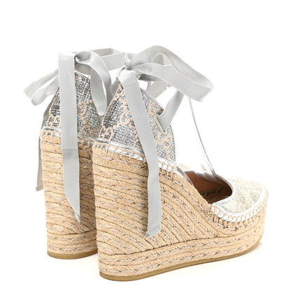 Gucci Lame GG Monogram Ankle Wrap Platform Espadrille Wedges 37 Silver Beige Light Grey 4 of 9