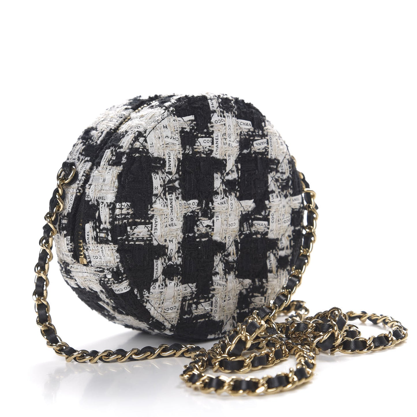 Tweed Quilted Round Clutch With Chain Black Ecru White