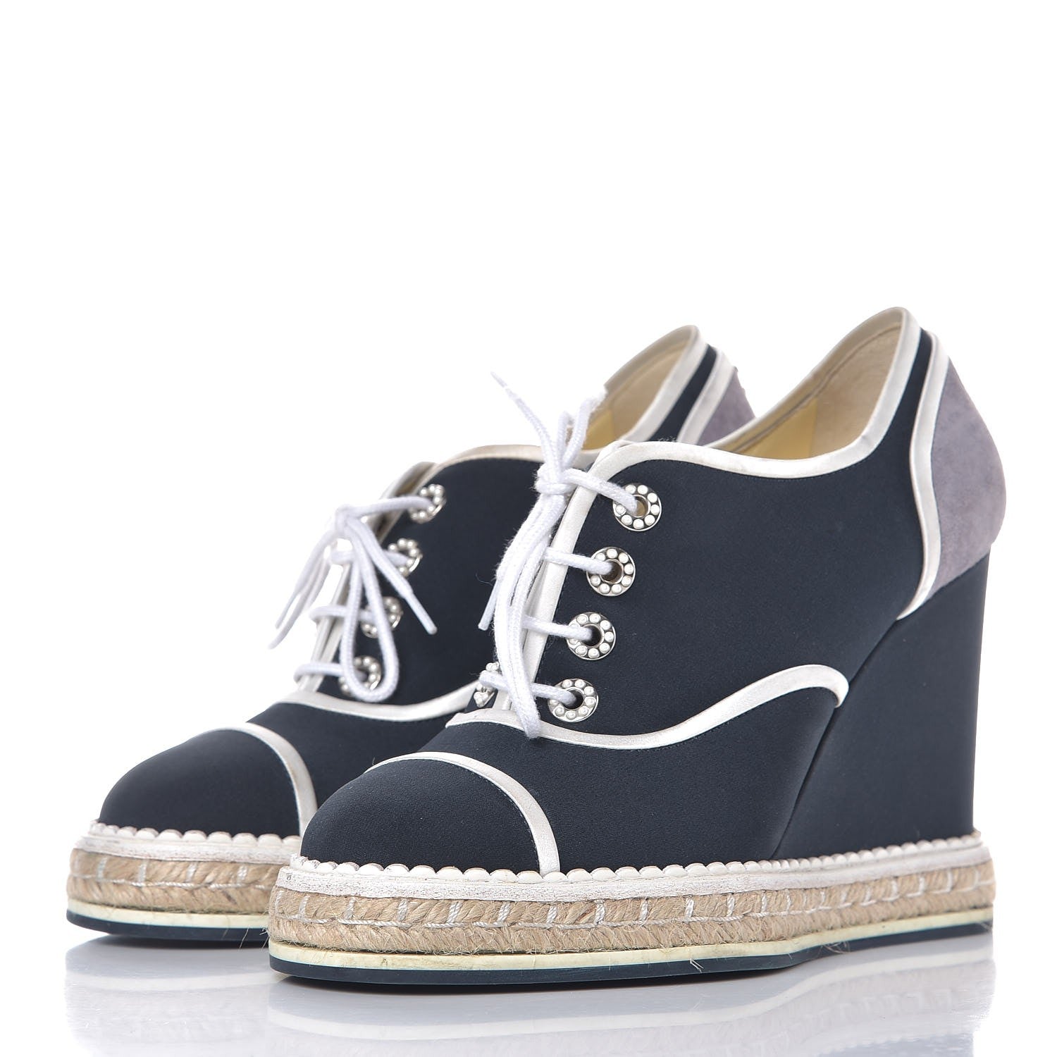 Chanel Silk Crepe Suede Calfskin Lace Up Wedge Espadrilles 36.5 Navy Grey 2 of 10