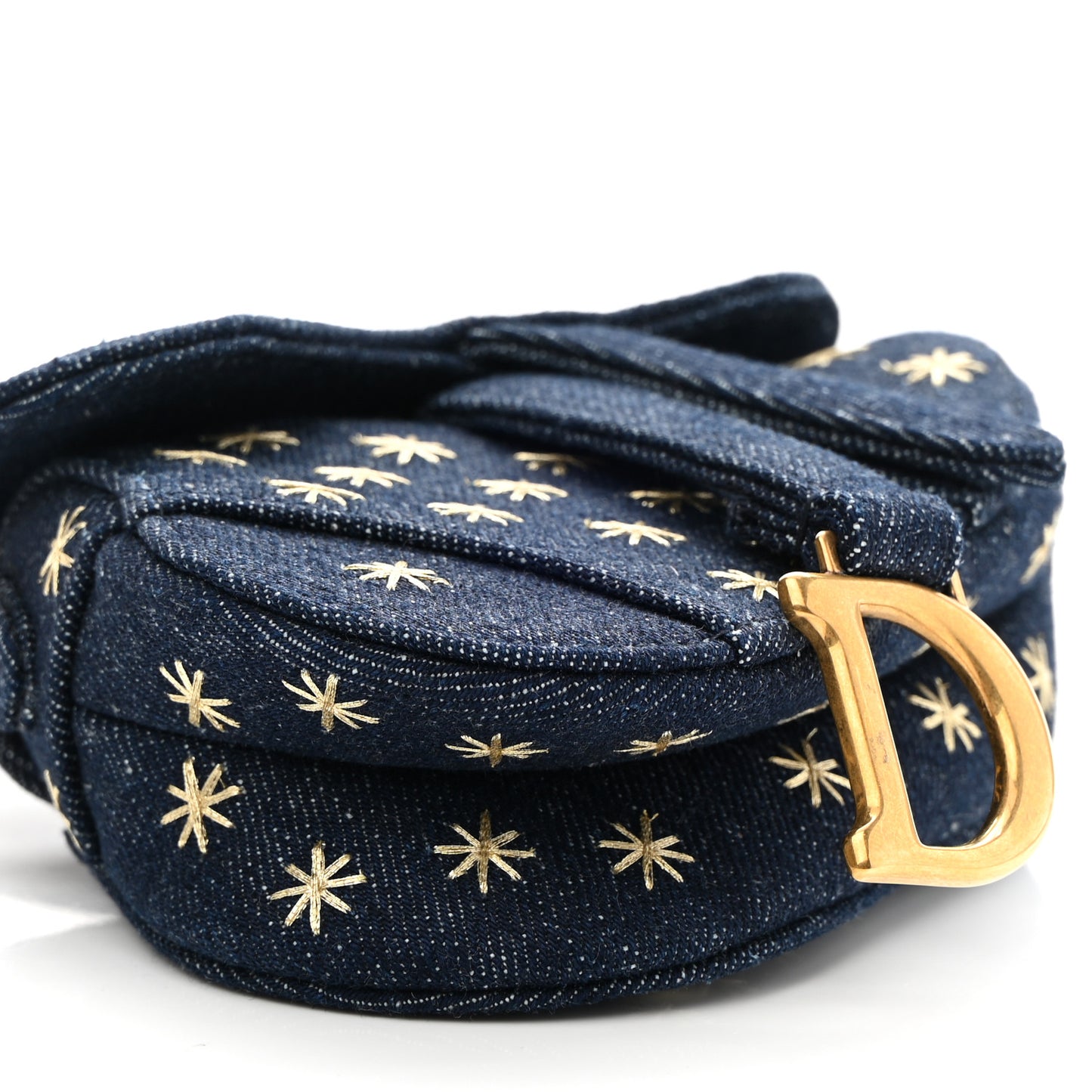Denim Embroidered Micro Saddle Bag With Strap Blue Gold