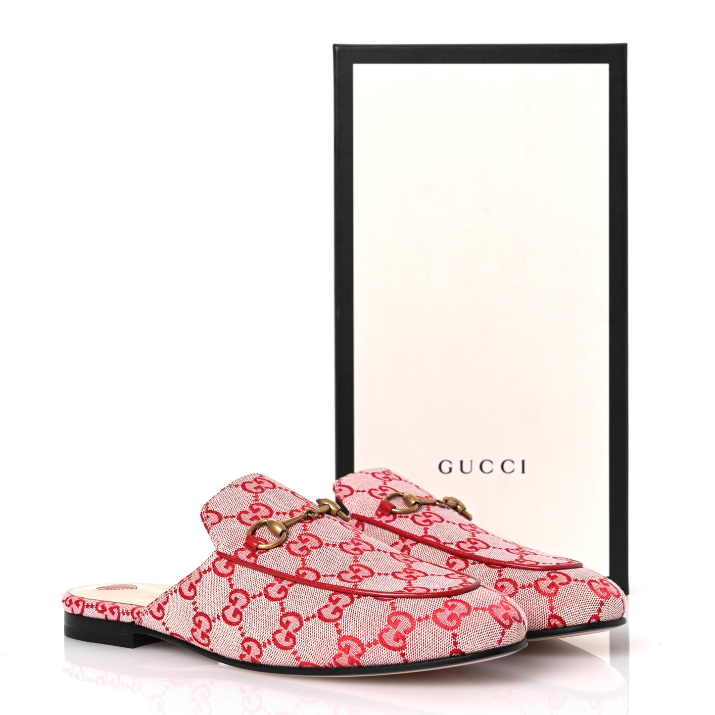 Canvas GG Monogram Horsebit Womens Princetown Slippers 39.5 Gardenia Hibiscus Red