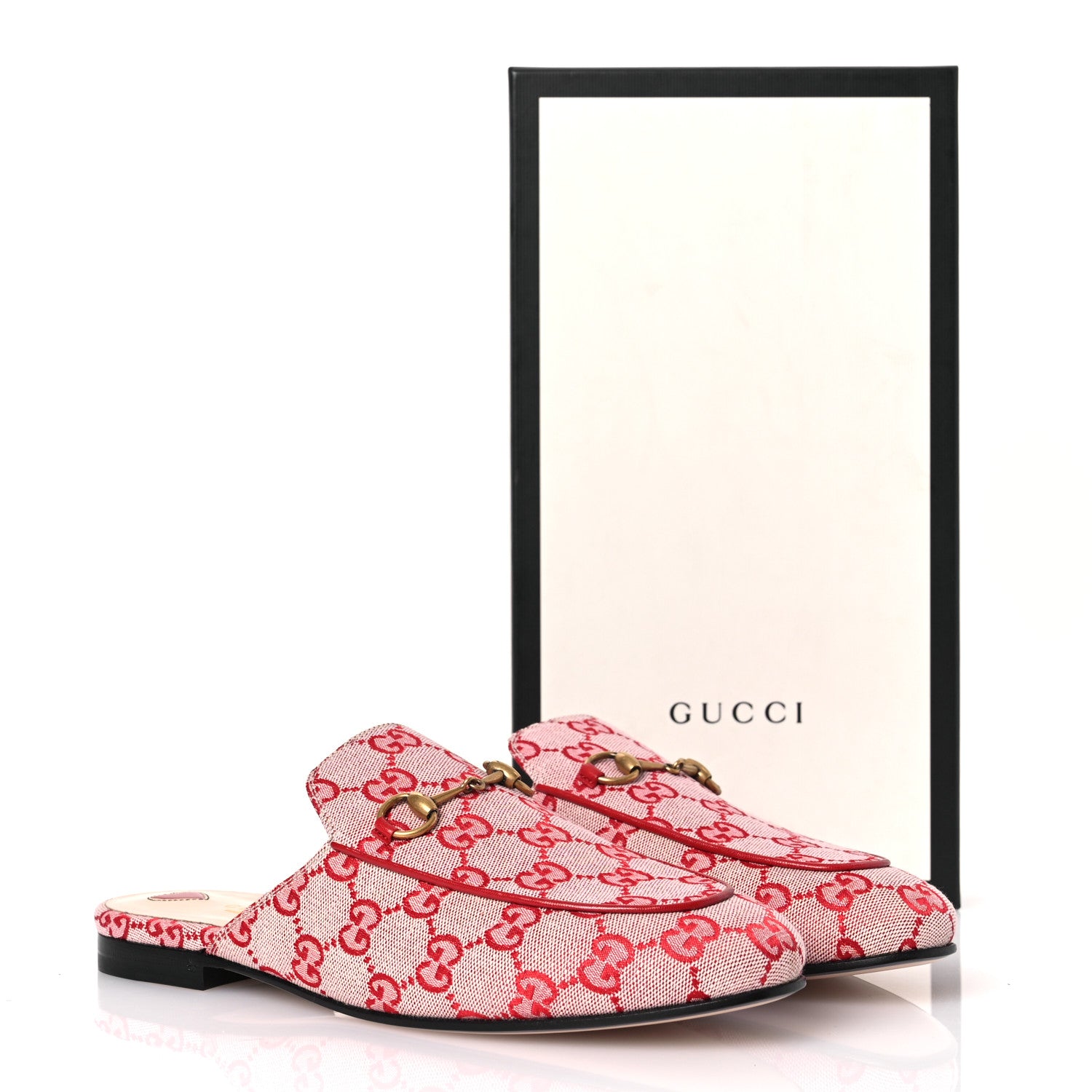 Gucci Canvas GG Monogram Horsebit Womens Princetown Slippers 39.5 Gardenia Hibiscus Red 11 of 11