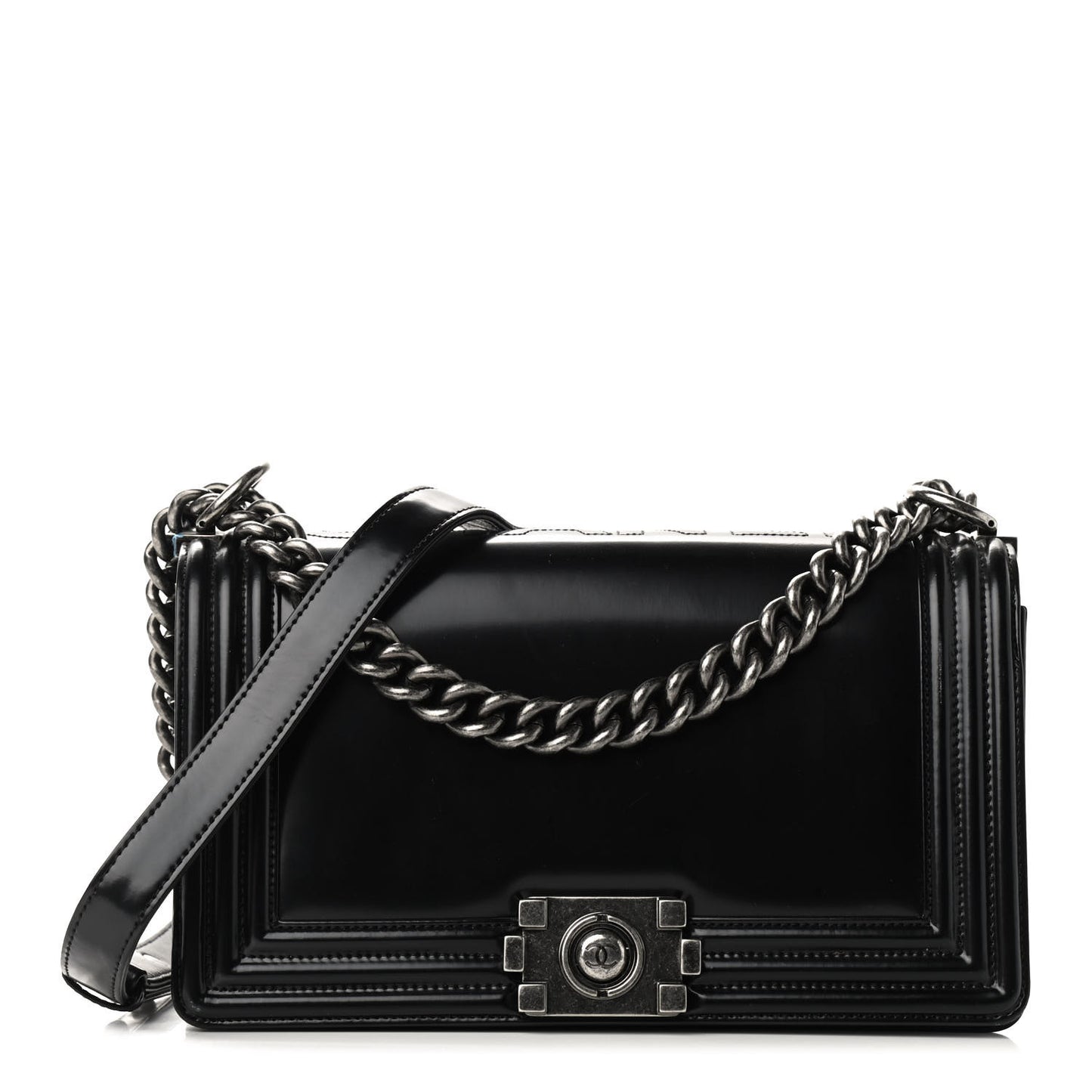 Glazed Calfskin Medium Boy Flap Black