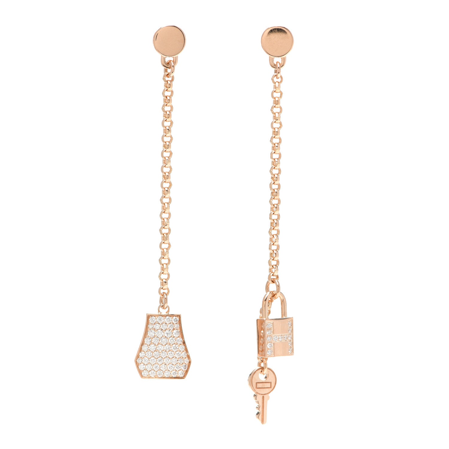 Hermes 18K Rose Gold Diamond Kelly Clochette Drop Earrings 1 of 6