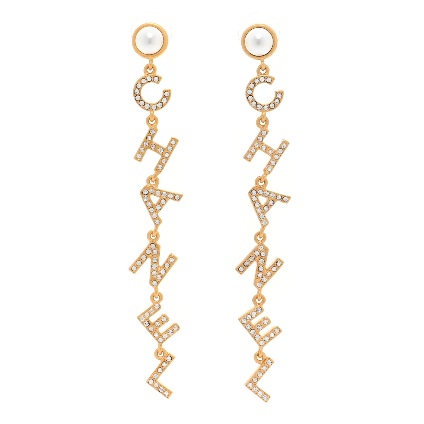 Crystal Pearl Logo Drop Earrings Gold