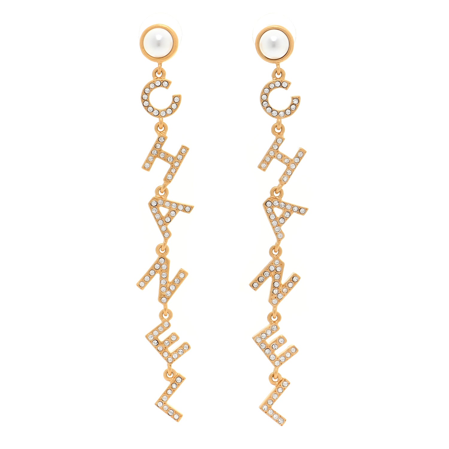Chanel Crystal Pearl Logo Drop Earrings Gold 1 of 5