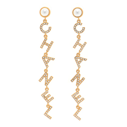 Chanel Crystal Pearl Logo Drop Earrings Gold 1 of 5