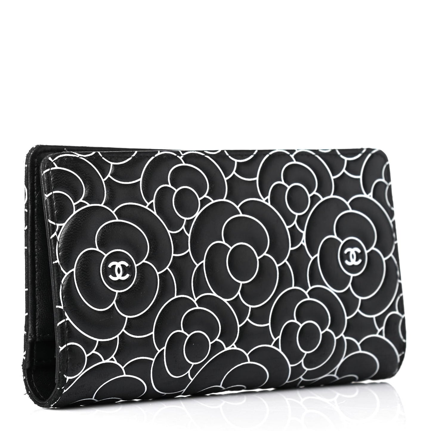 Lambskin Camellia Embossed Yen Wallet Black