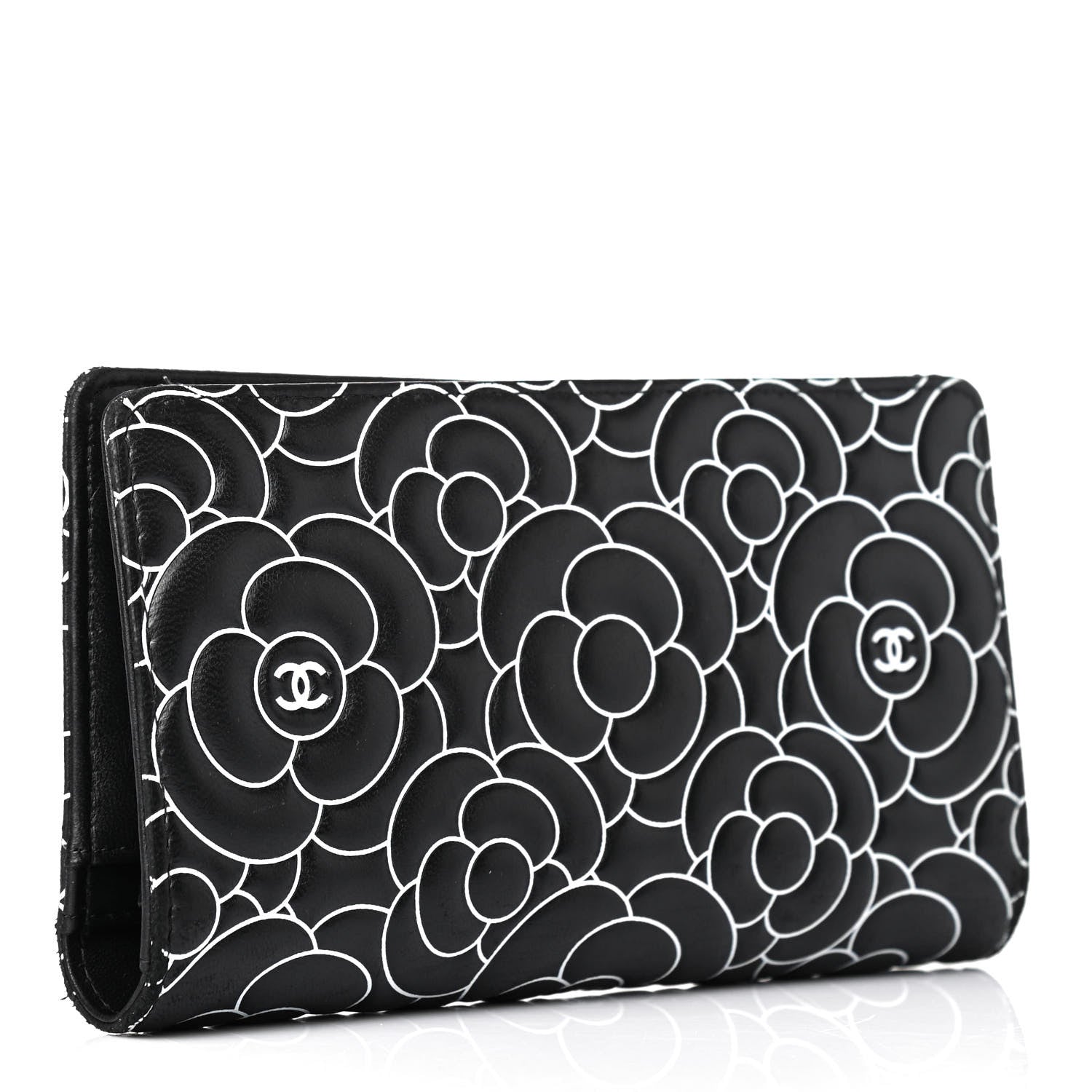 Chanel Lambskin Camellia Embossed Yen Wallet Black 2 of 4