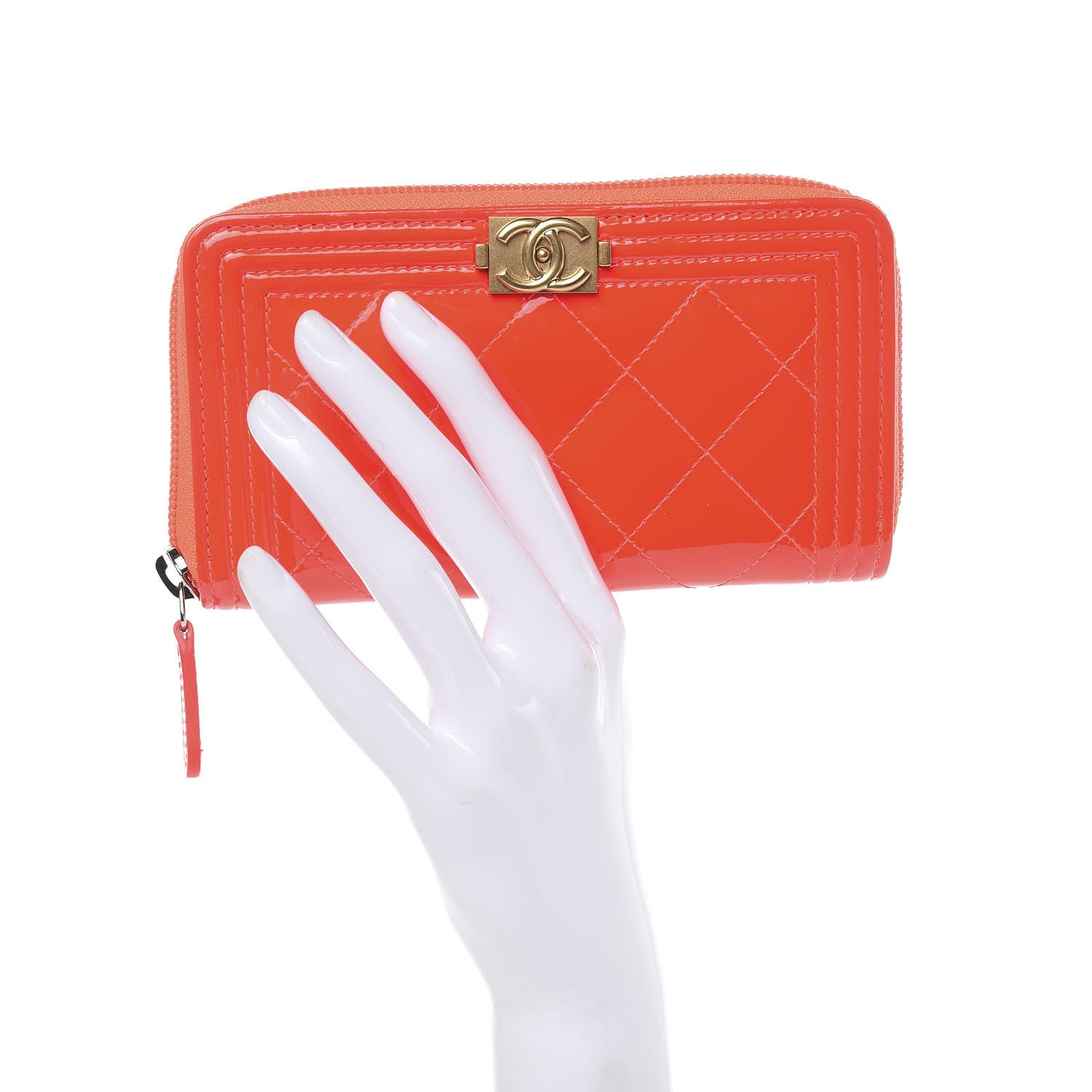 Chanel Patent Quilted Small Boy Zip Around Wallet Orange 2 of 9