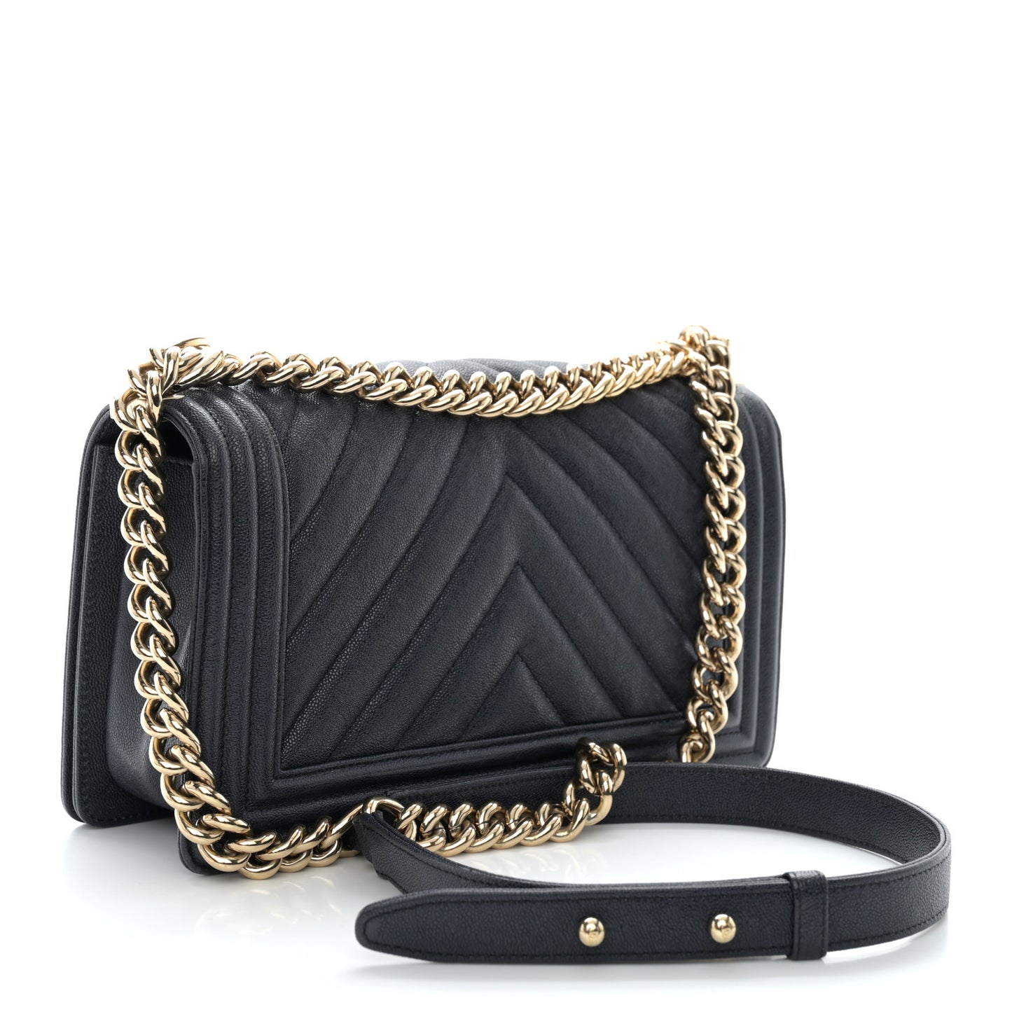 Caviar Chevron Quilted Medium Boy Flap Dark Navy Blue