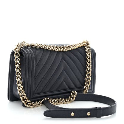 Chanel Caviar Chevron Quilted Medium Boy Flap Dark Navy Blue 3 of 10