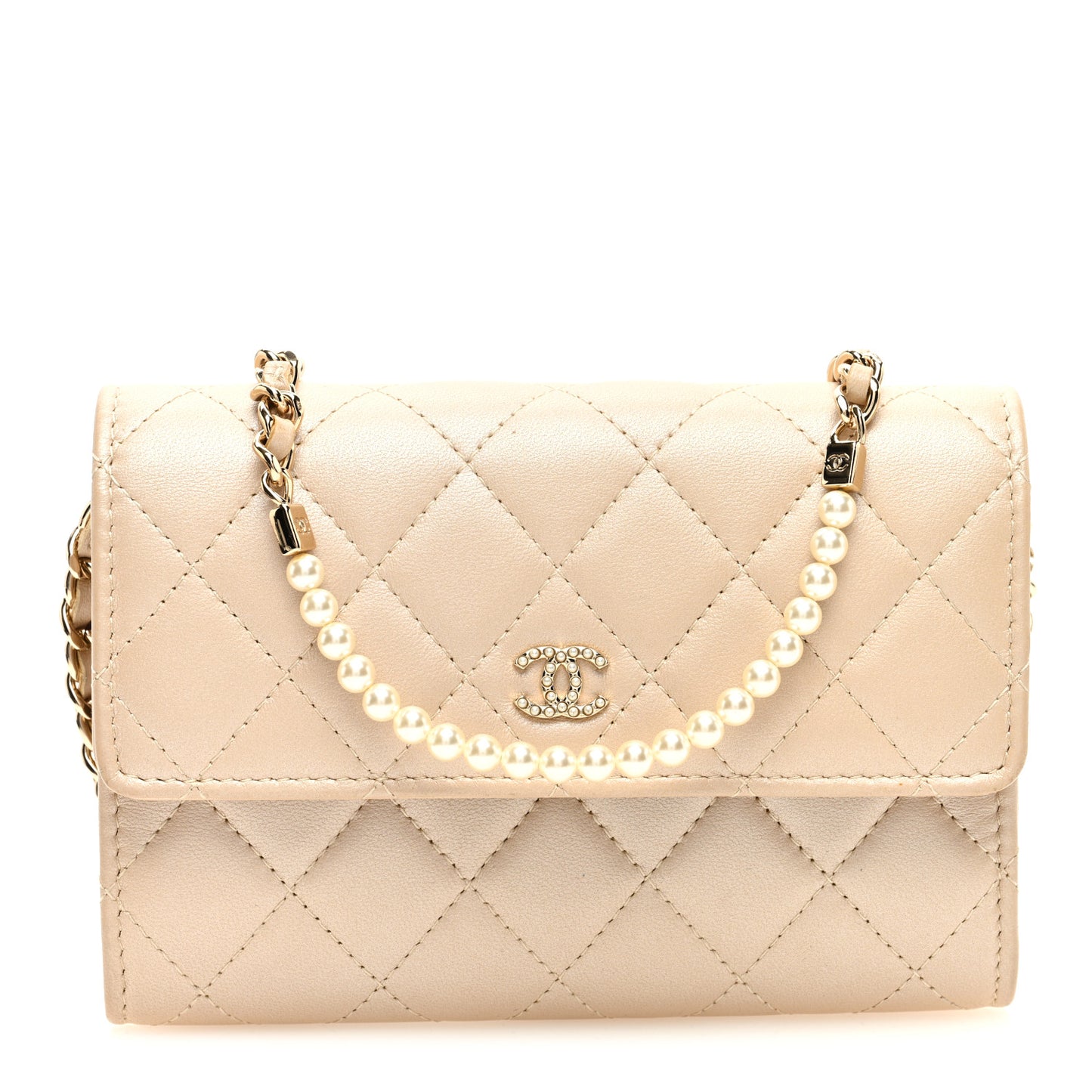 Lambskin Quilted Pearl My Shoulder Mini French Wallet On Chain WOC Light Beige