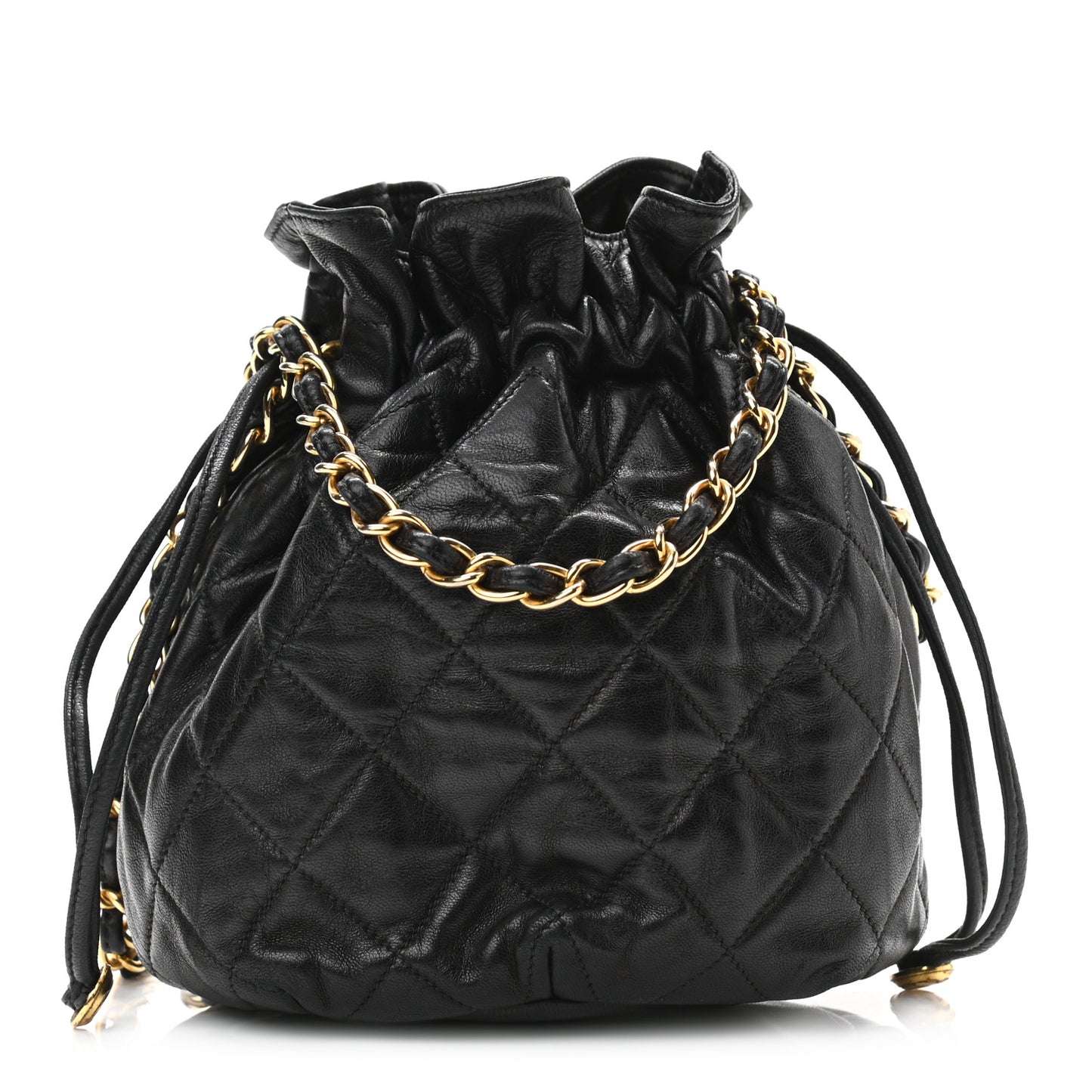 Lambskin Quilted Drawstring Shoulder Bag Black