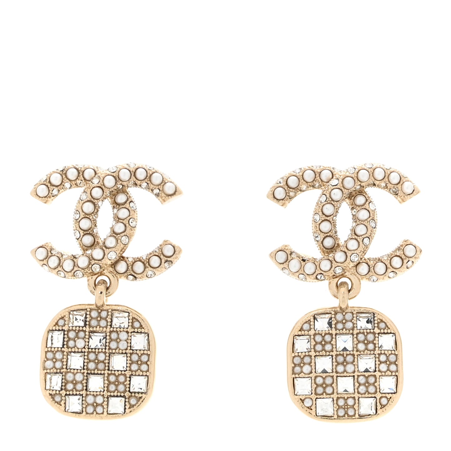 Pearl Baguette Crystal CC Drop Earrings Gold