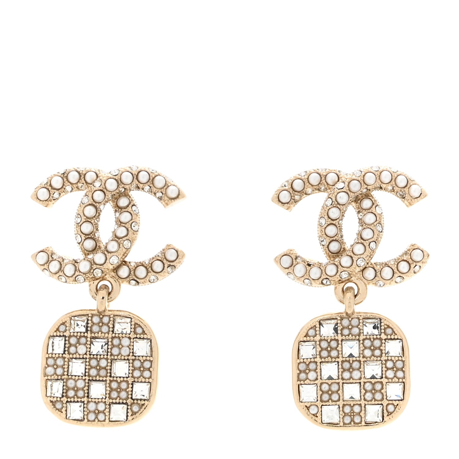 Chanel Pearl Baguette Crystal CC Drop Earrings Gold 1 of 5