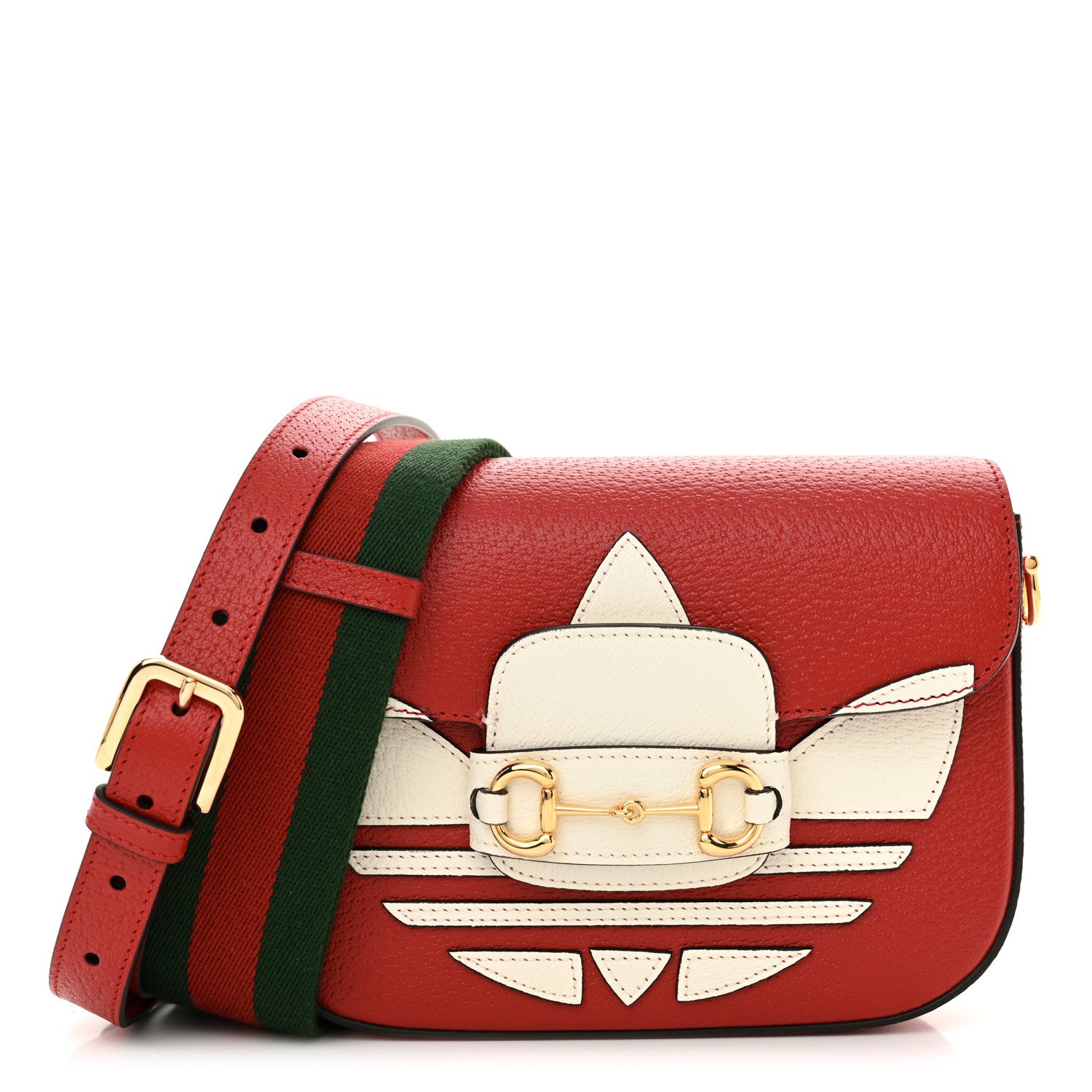 Gucci X ADIDAS Textured Dollar Calfskin Web Trefoil Mini Horsebit 1955 Shoulder Bag Hibiscus Red Off White 1 of 10