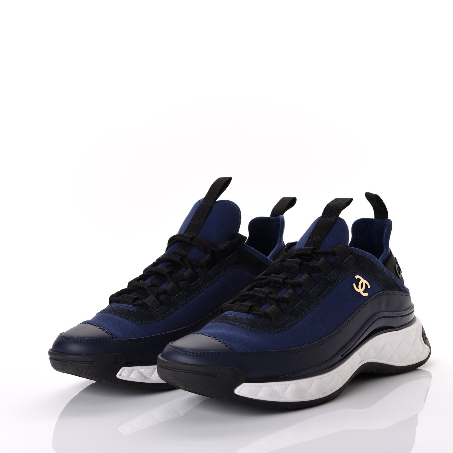 Chanel Fabric Calfskin Suede CC Sneakers 38.5 Navy Black 2 of 10