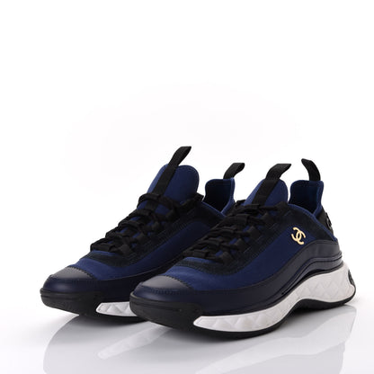 Chanel Fabric Calfskin Suede CC Sneakers 38.5 Navy Black 2 of 10