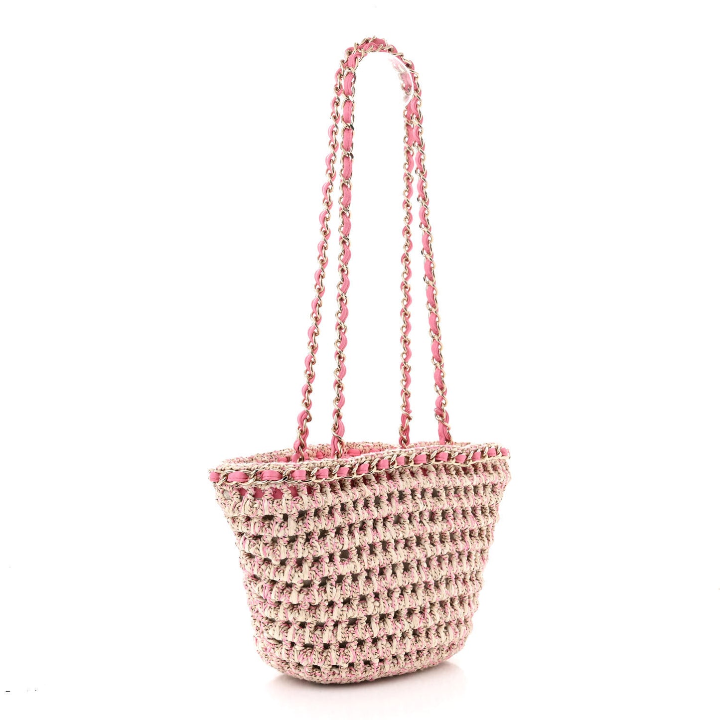 Mixed Fibers Calfskin Crochet Small Shopping Bag Beige Pink