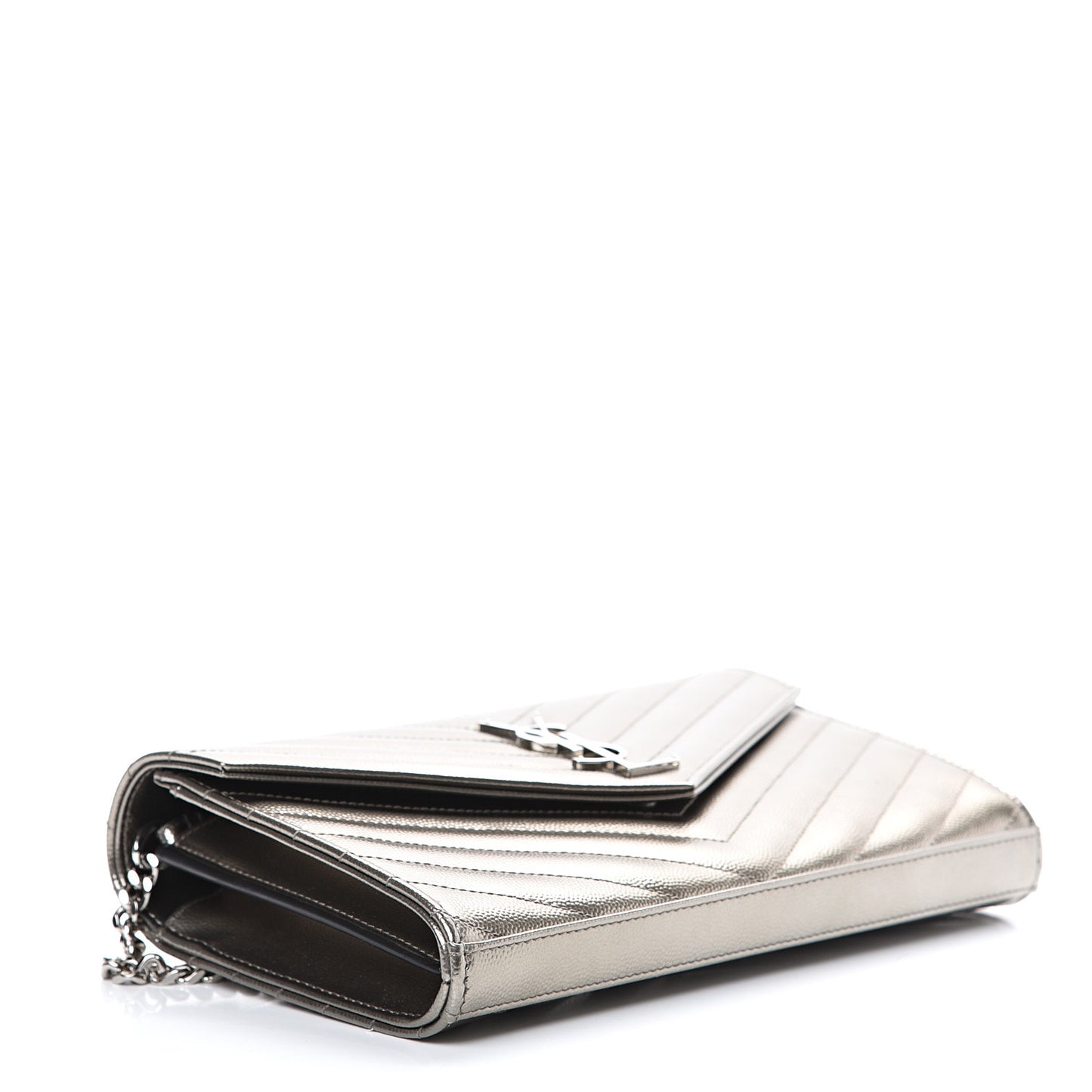 Metallic Grain De Poudre Matelasse Chevron Monogram Chain Wallet Piombo
