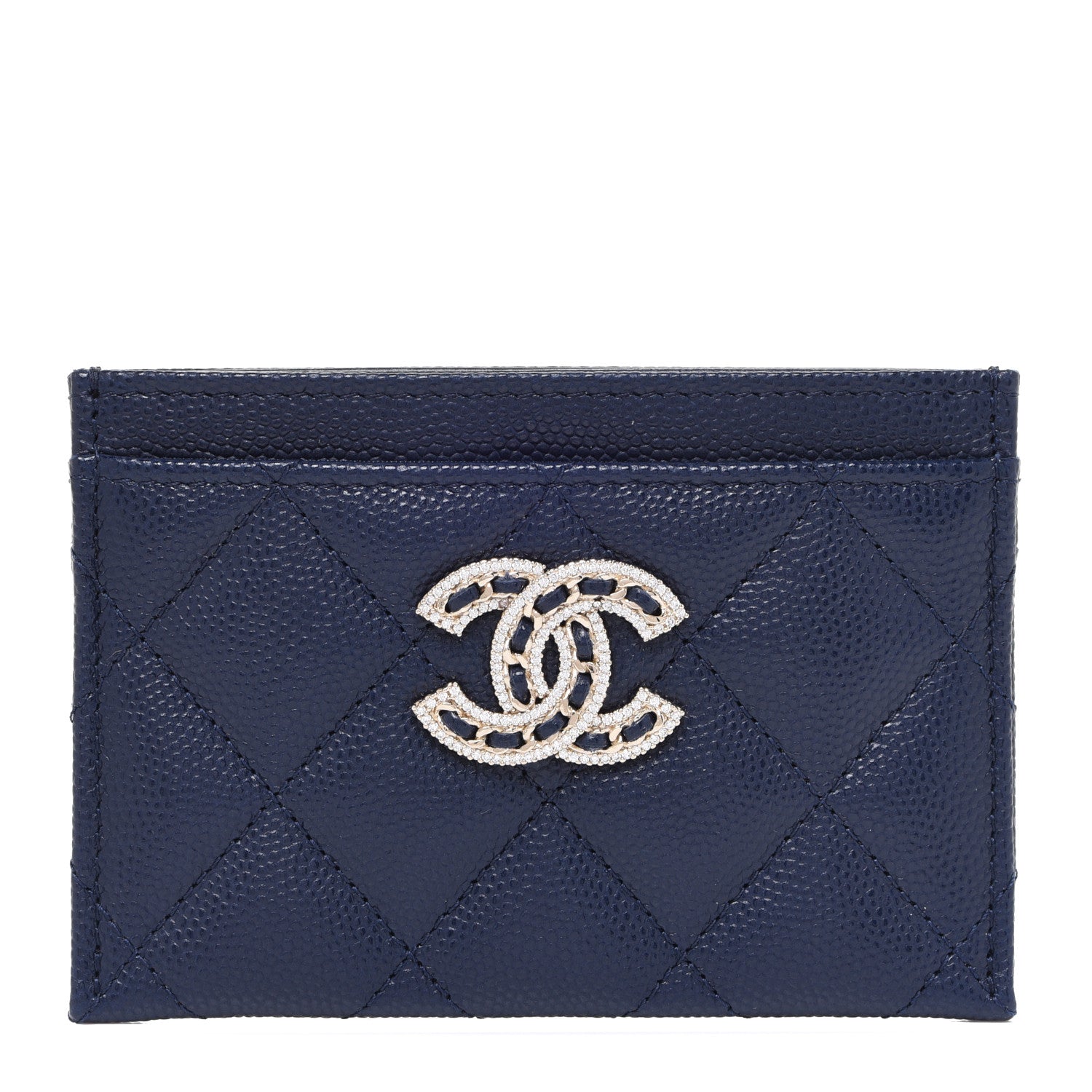 Chanel Caviar Quilted Crystal Card Holder Navy 1 of 9