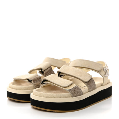 Chanel Suede Calfskin Velcro Flat Sandals 35 Ecru Dark Beige 3 of 9