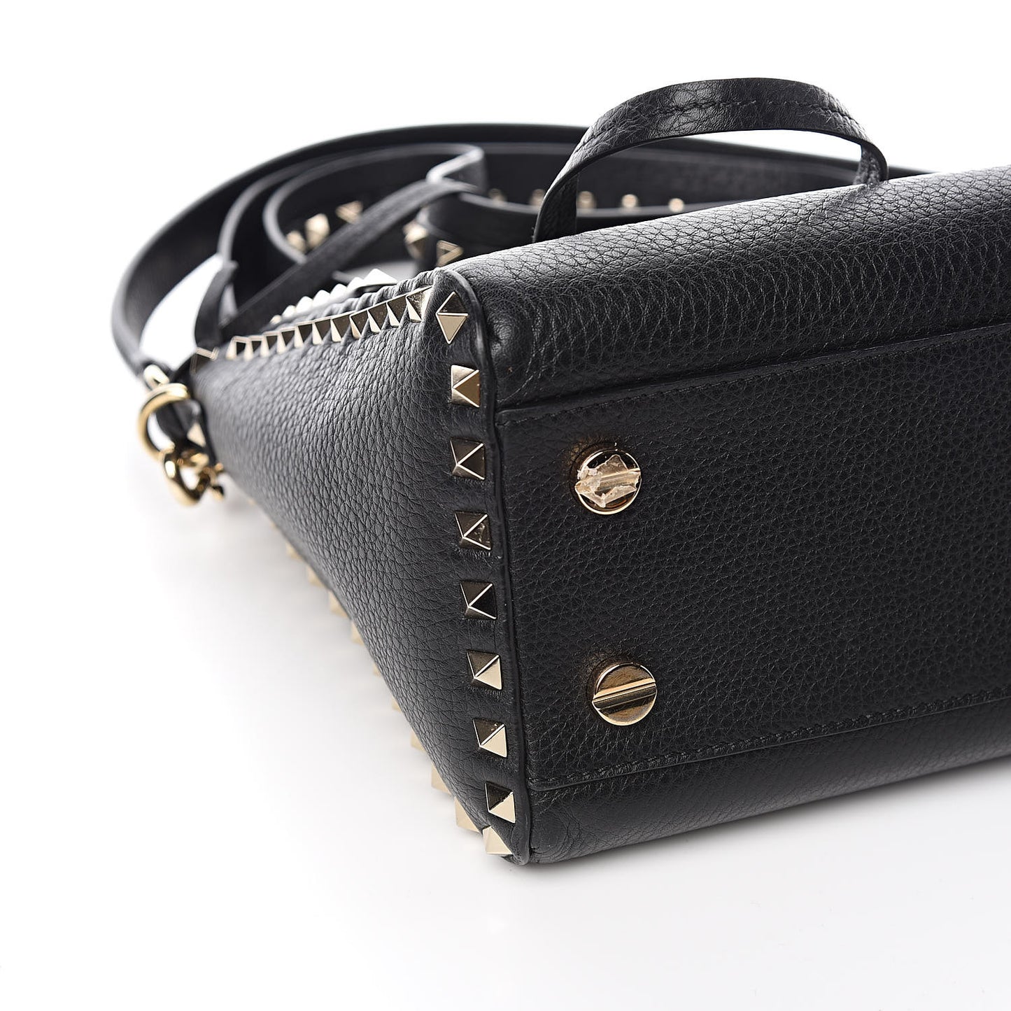 Pebbled Calfskin Rockstud Top Handle Shoulder Bag Black