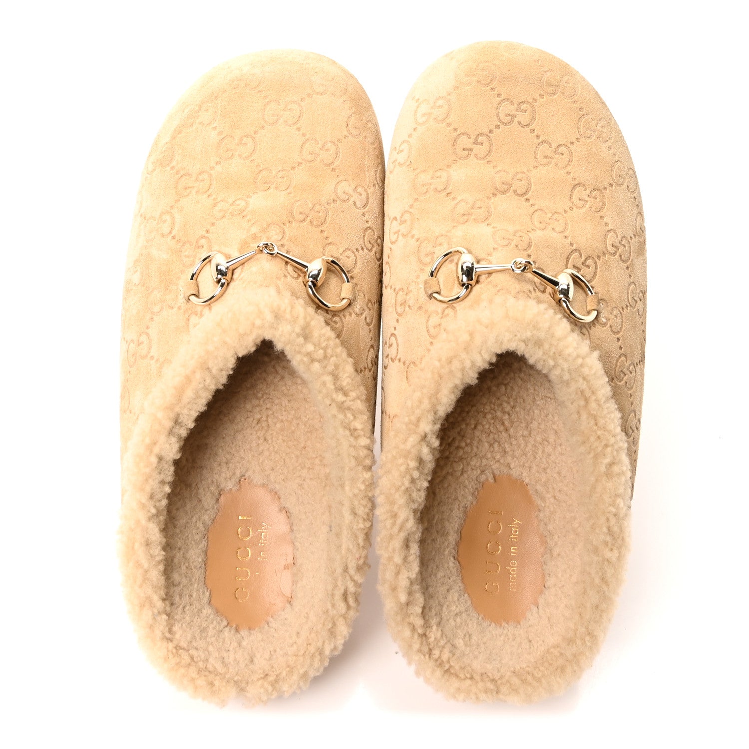 Gucci Suede GG Debossed Shearling Womens Horsebit Mules 39 Beige